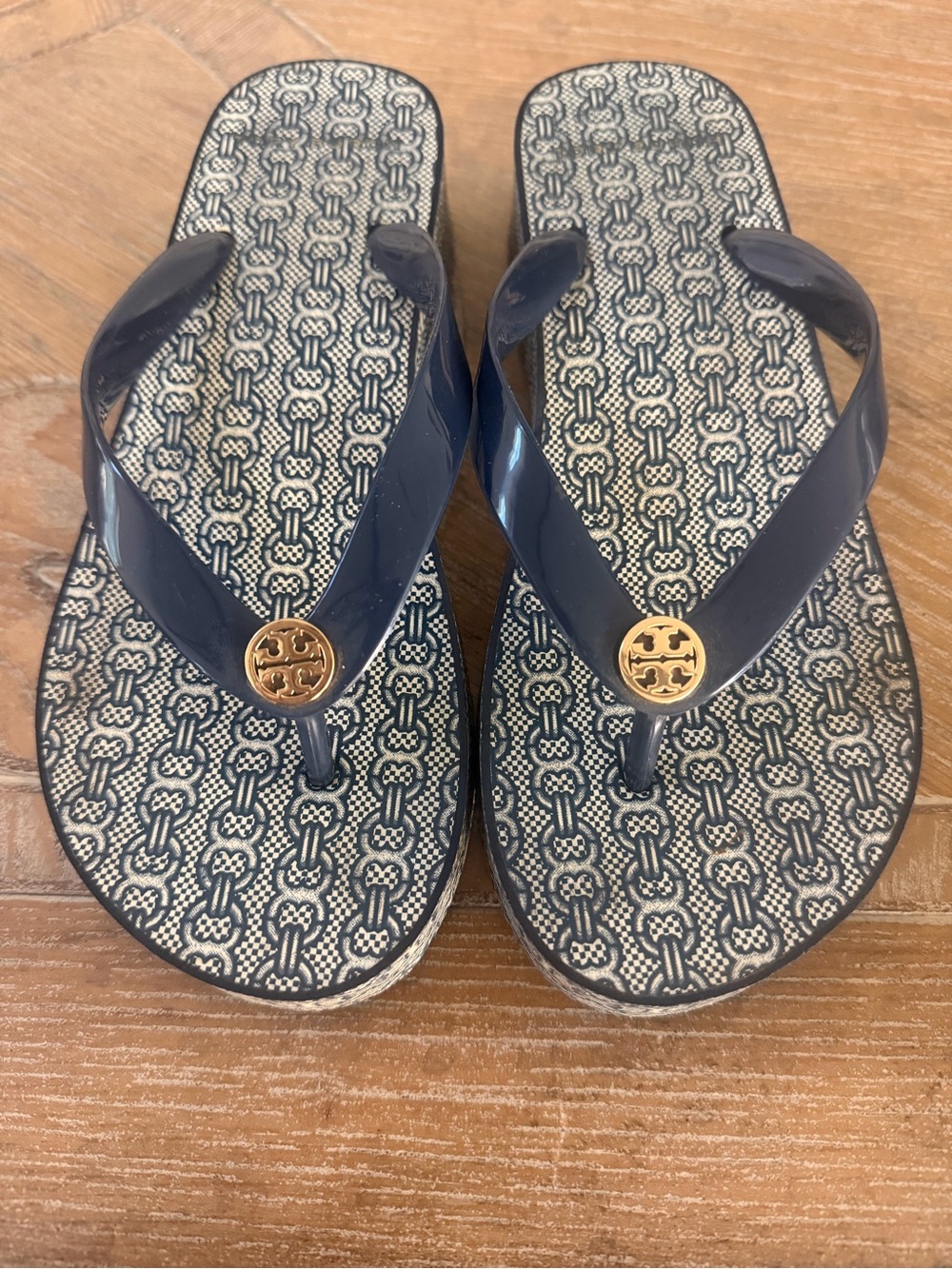 Tory Burch Navy Logo Platform Flip Flop Sandals with Gold Medallion